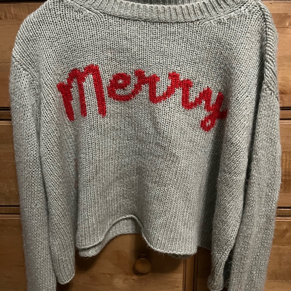 Wooden Ships Gray Sweater with Red 'Merry' Design (Med/Large)